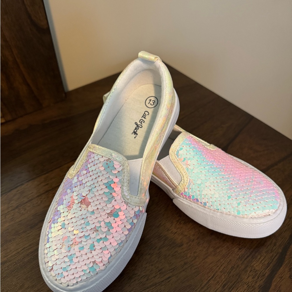 Cat & Jack White Sequin Sneakers Slip-On Comfort